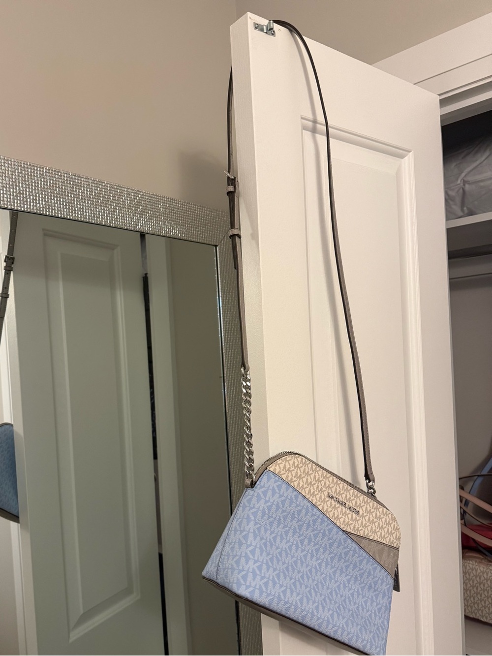Michael Kors Two-Tone MK Crossbody in Light Blue and Beige